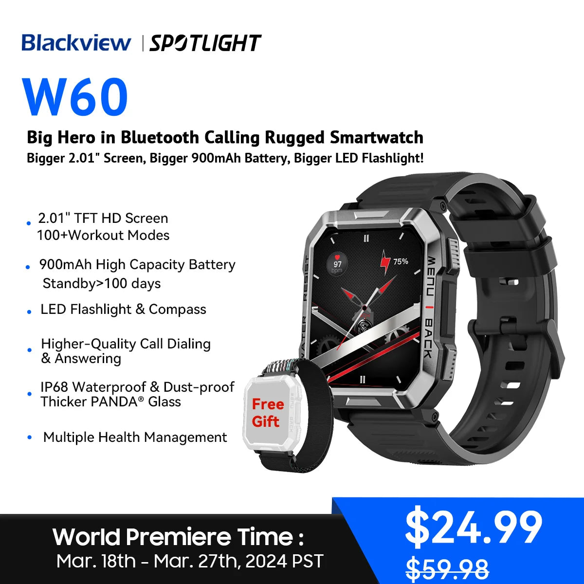 W60 2024 New Smartwatch 2.01'' HD Display TFT Rugged Smart Watch for Outdoor with Emergency Lighting Bluetooth Calling