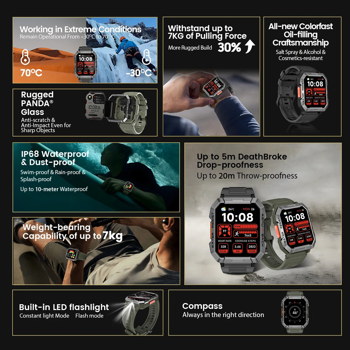 W60 2024 New Smartwatch 2.01'' HD Display TFT Rugged Smart Watch for Outdoor with Emergency Lighting Bluetooth Calling