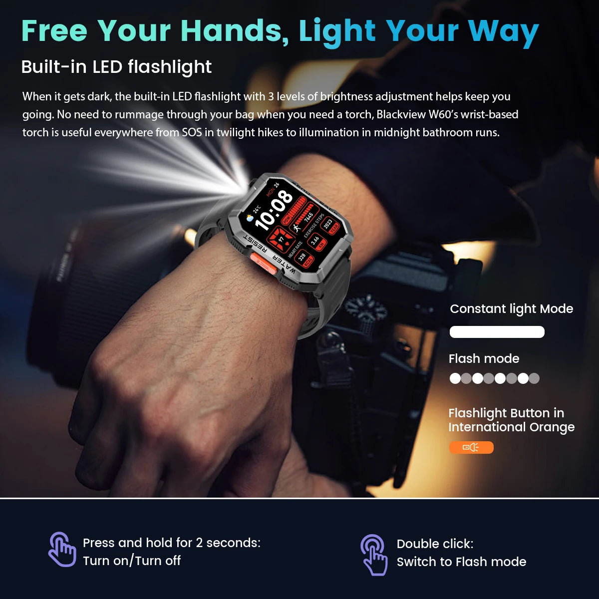 W60 2024 New Smartwatch 2.01'' HD Display TFT Rugged Smart Watch for Outdoor with Emergency Lighting Bluetooth Calling