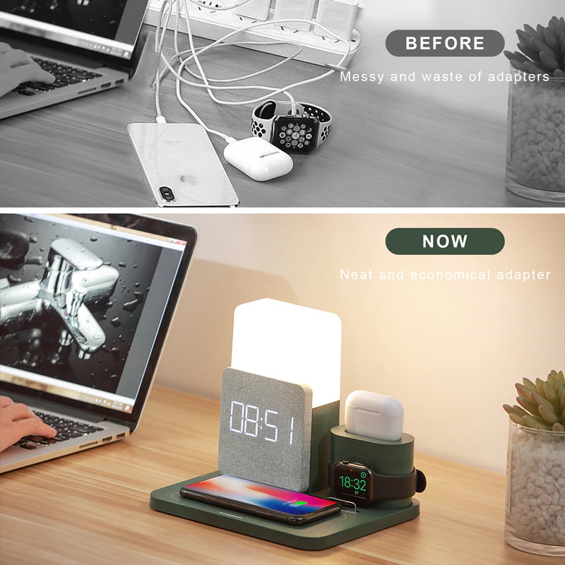 Multifunctional Fast Charging LED Lamp Bedside Lamp Alarm Clock Table Lamp Wireless Charging Station Watch Earphone Charging